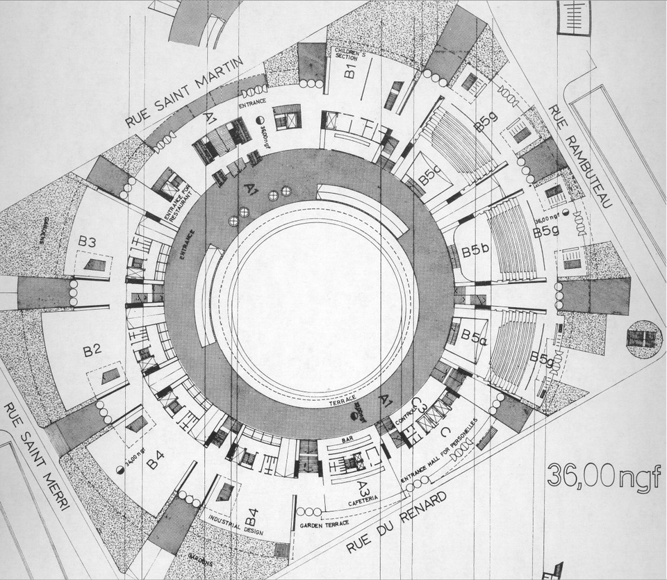 Kévés György és munkatársainak terve a párizsi Beaubourg (ma Pompidou-központ) pályázatára. Földszinti alaprajz, 1971.