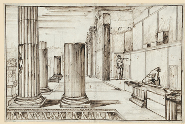 Először kortárs képeket készített, de aztán egyre inkább foglalkoztatni kezdte az antikvitás. Giovanni Battista Piranesi: A pompeji Isis-templom előcsarnoka, 1778. Kép © Staatliche Museen zu Berlin, Kunstbibliothek / Dietmar Katz