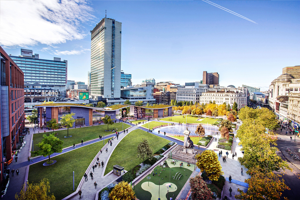 Lebontják Tadao Ando manchesteri betonfalát – a Piccadilly Gardens térre korábban készített látványtervek – fotó: Legal & General