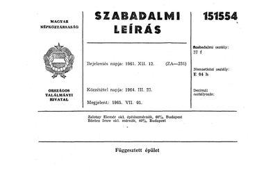 Szabadalmi leírás a függesztett épülettípusról,1964.