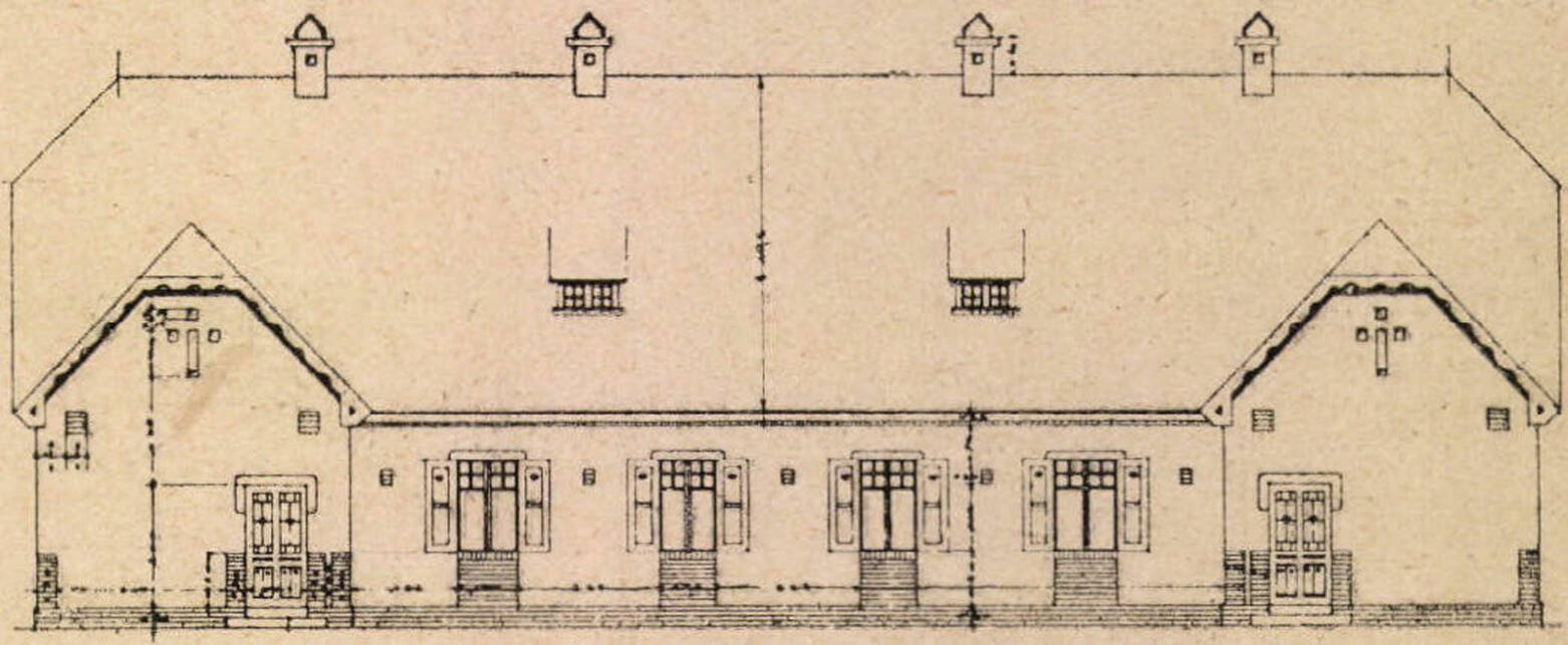 Budapest, Wekerletelep, a B/II. típusú ház homlokzati terve, tervező: Bierbauer István (Építő Ipar, 1910/4., 36. o.) 