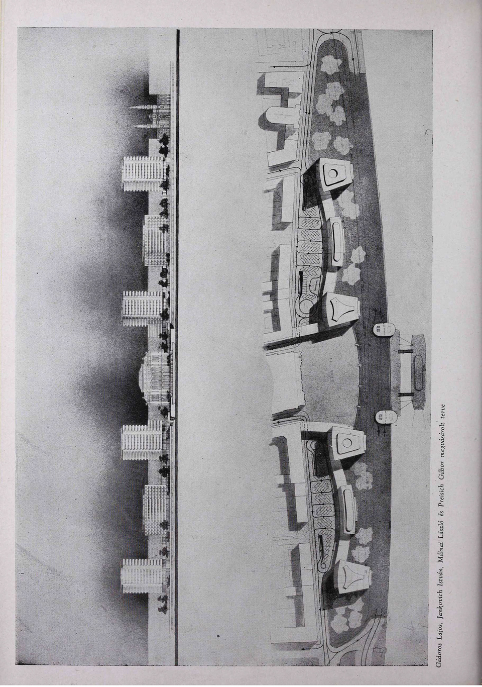 Gádoros Lajos, Jankovich István, Málnai László és Preisich Gábor a budapesti szállodasorra beadott és megvásárolt terve 1946-ból (Tér és Forma, 1946/7-9., 96. o.)