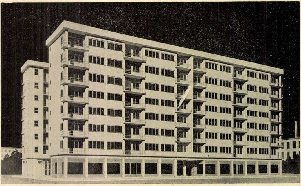 Preisich Gábor építészhallgató lakóépület terve a m. kir. József-műegyetem Tervezési tanszékén, 1931-ban (Technika, 1931. május 1., 156. o.) 