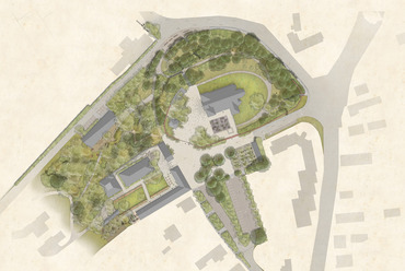  A CZITA Építész Iroda és az Open Air Design közös terve a jáki templomhoz tartozó épületegyüttes fejlesztésére. Helyszínrajz