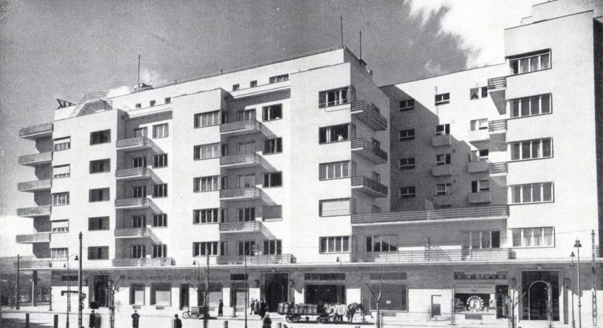 Budapest, Pozsonyi út 38-42., 1937-ben, tervező: Hofstätter Béla és Domány Ferenc (Tér és Forma, 1937/5., 132. és 138. o.)