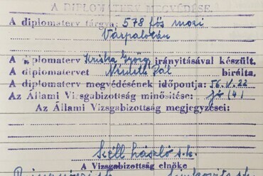 Részlet Soós Zsuzsanna (Kiss Zsuzsa) törzskönyvéből, a diplomavédés adatai, forrsá: BME OMIKK Levéltár Y/108