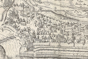 Wolfgang Meyerpeck 1595-ös metszete Esztergomról: a rajzon szereplő több templom is felfedezhető a programmal