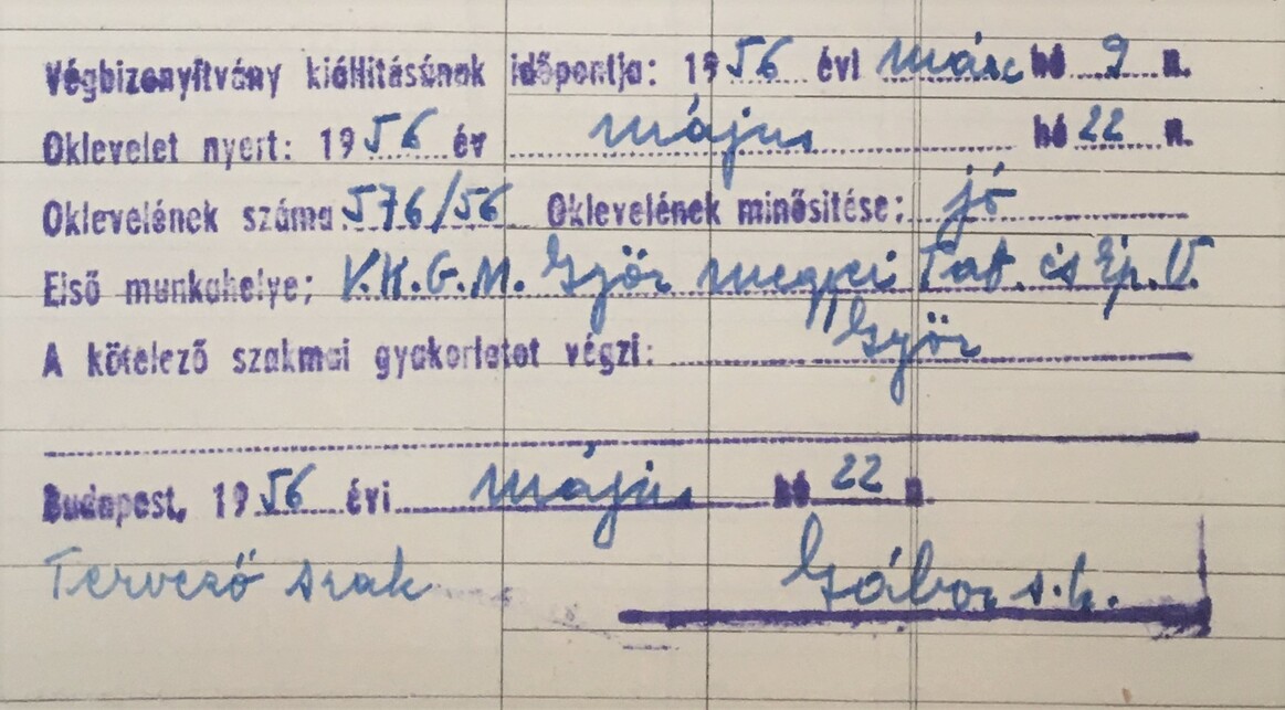 Részlet Soós Zsuzsanna (Kiss Zsuzsa) törzskönyvéből, diploma és első munkahely, forrás: BME OMIKK Levéltár Y/108