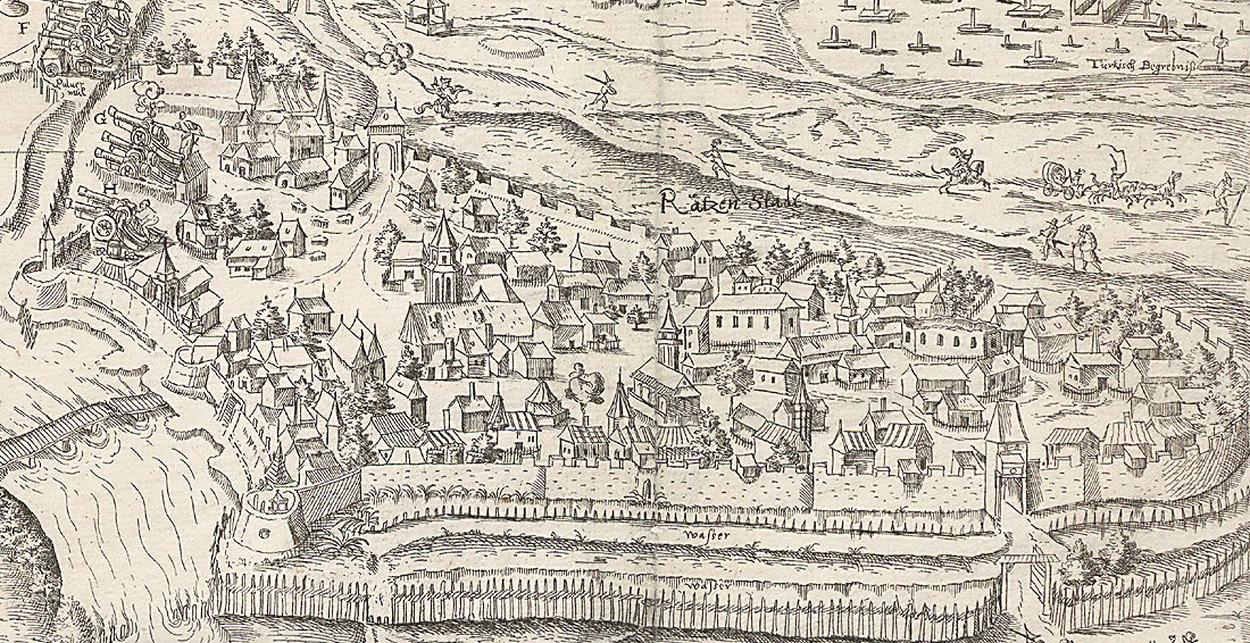 Wolfgang Meyerpeck 1595-ös metszete Esztergomról: a rajzon szereplő több templom is felfedezhető a programmal
