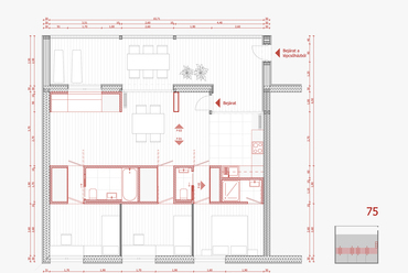 75 négyzetméteres lakás belsőépítészeti alaprajza – terv: Bocska Beáta.