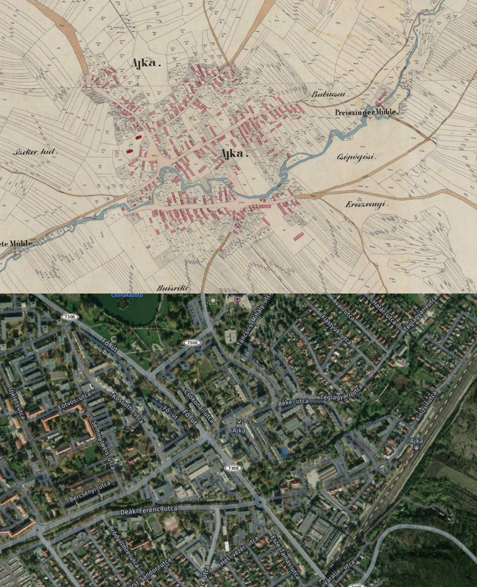 Ajka központja a XIX. századi kataszteri térképen és napjainkban / mapire.eu - here.maps