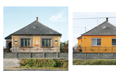 Komparació II. Szigetelés előtt és után A: Katharina Roters: Hungarian Cubes (Pannonhalma), 2012.  Az eredeti diszités 1970-ben készült.  B: Felújitás utáni állapot 2015-ben.
