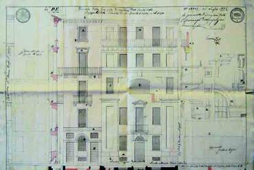 Giuseppe Pollack tervének részlete a Casa Pollackhoz, 1832-ből (Forni: Giuseppe Pollack, Architetto di Casa Belgiojoso, 70. o)