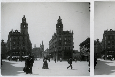 Ferenciek tere (Kígyó tér), Klotild paloták, háttérben az épülő Erzsébet híd. 1902. Forrás Fortepan - Schoch Frigyes