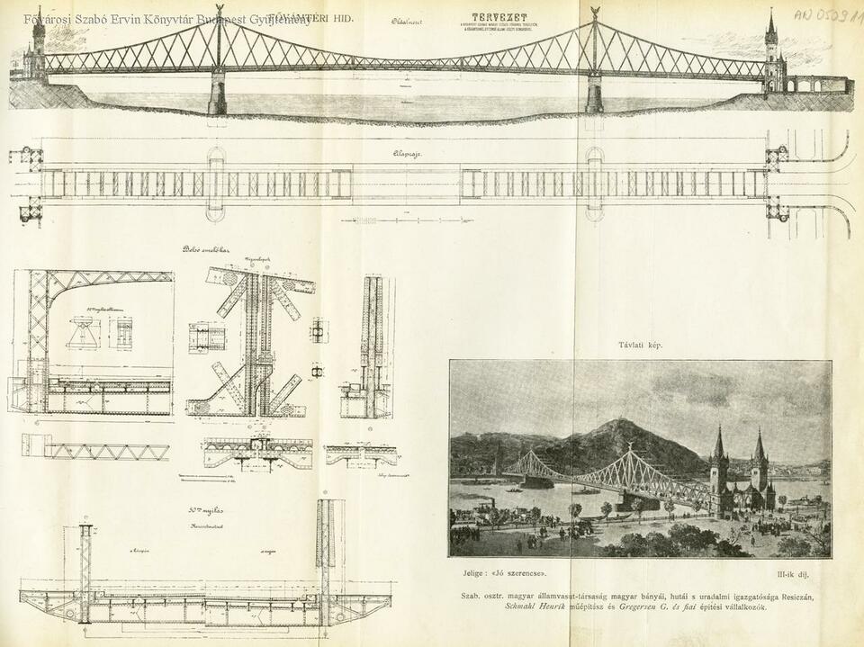 Schmahl Henrik és a Gregersen G. és Fiai cég által a Fővámtéri (Szabadság) hídra beadott, III. díjas terv részlete 1893-ból (FSZEK Budapest Gyűjtemény)