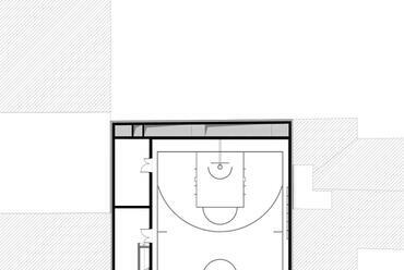 V30 Belvárosi sportközpont – Tervező: Skardelli György / KÖZTI – 2. emelet - tornaterem, szertárak