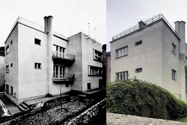 Archív fotó a Dr. Pollák villa észak-nyugati épületsarkáról, forrás: FORUM, 1932, Neuere Arbeiten von Arch. E. Spitzer, 197. oldal) és ugyanaz napjainkban, ©Bogáthy Zsolt, 2021.
