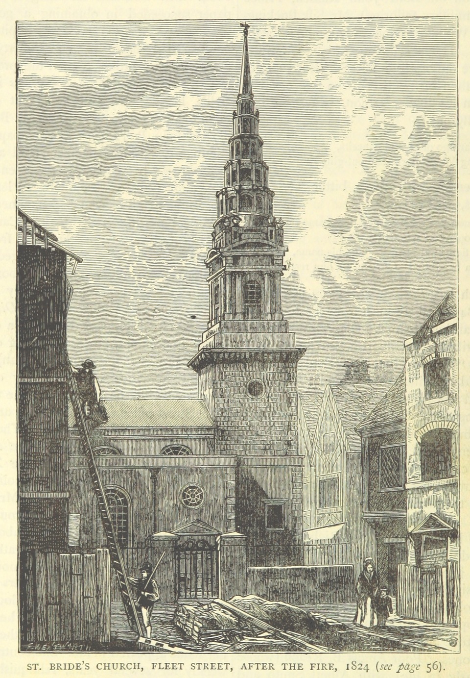 A londoni St. Bride's Church 1824-ben, metszet. Forrás: Wikipédia