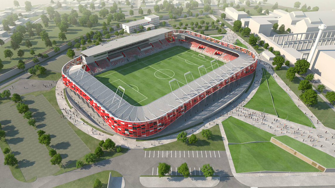 A Bozsik Stadion látványterve, Óbuda Építész Stúdió. Forrás: Építészfórum 