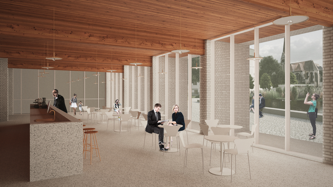 A Studio Konstella műve az Építészet Ligete pályázaton. Az előcsarnok és a kávézó tere 