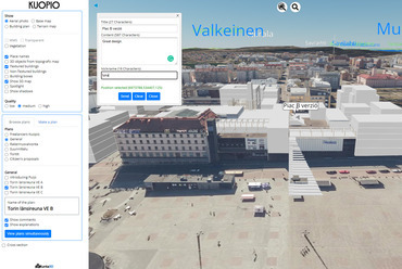 Finnország, Kuopio város digitális iker modellje. A piactérre történő fejlesztés három verzióját tekinthetjük meg a városmodellben, amihez kommentet is rendelhetünk. [2]
