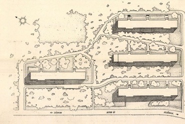 Tatabánya, bányászlakóházak (ma a Ságvári Endre ltp. részei), helyszínrajz. Tervező: Fleischl Etelka és Gyula, Major Máté Forrás: Új Építészet, 1949/1-3., 17-19.