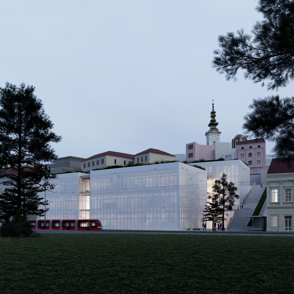 Megérkezés a rakpart irányából – Belgrád – Iparművészeti Kar új épülete – építész stúdió