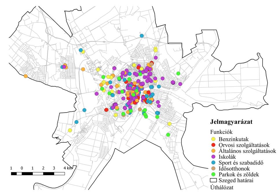 Egyes funkciók pontszerű ábrázolása. Forrás: OSM adatbázis alapján saját szerkesztés