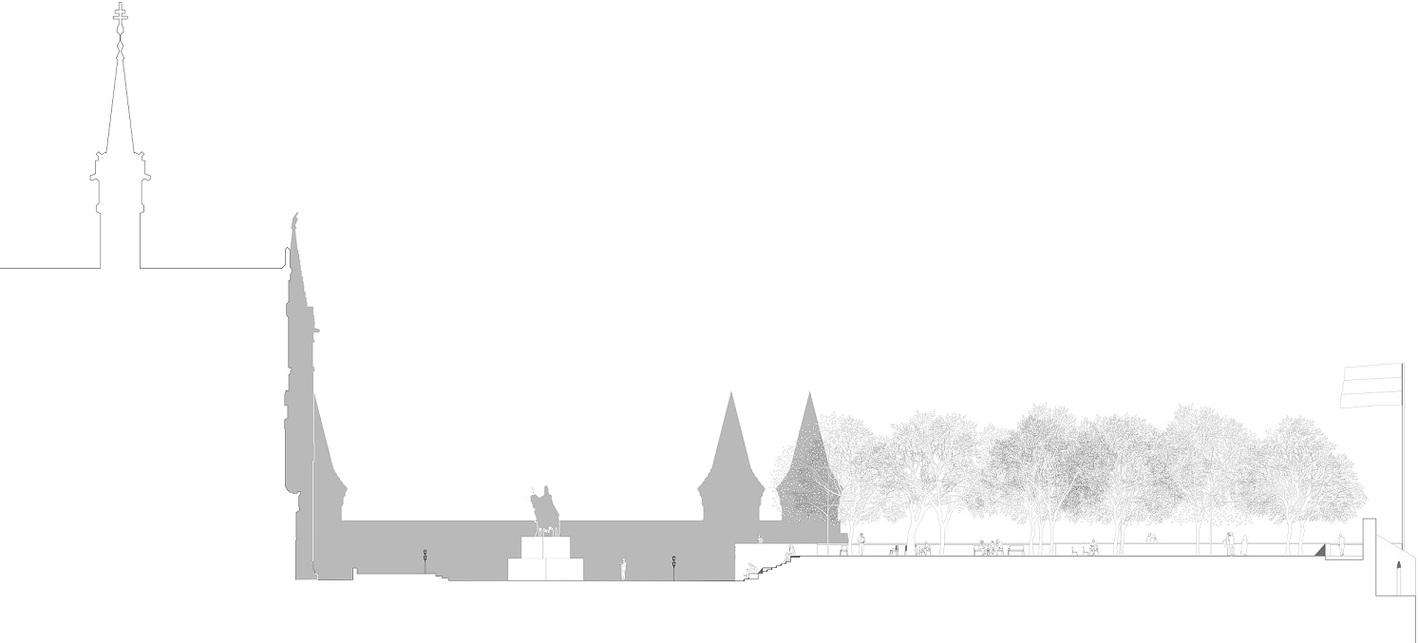 A Szentháromsági téri zöldfelületek megújítására kiírt nyílt tervpályázat, I. helyezés, Tervező: építész stúdió, 2022.