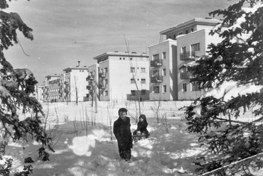 Dunaújváros (Sztálinváros), a Május 1. utca házai az Építők útja irányából nézve. Forrás: Fortepan / Gallai Sándor
