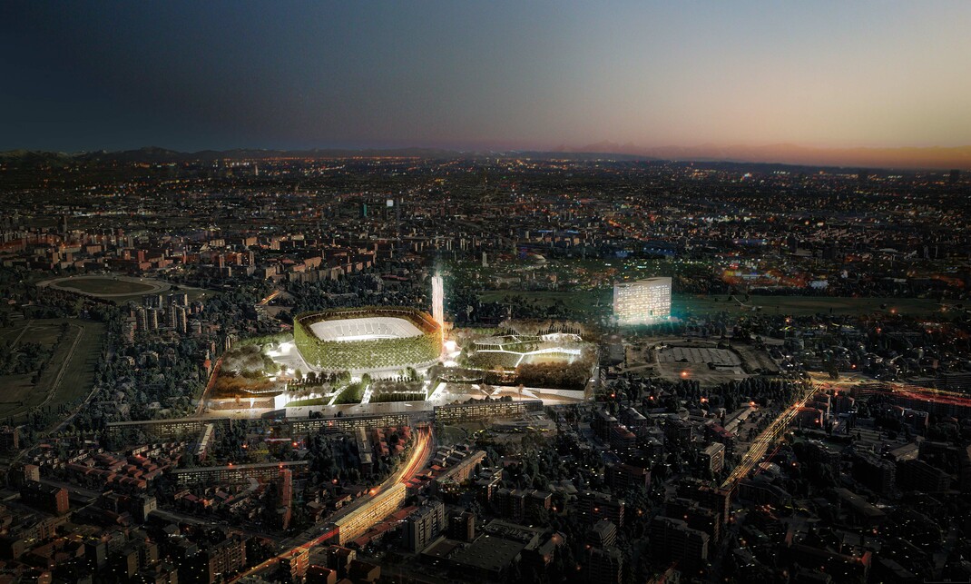 Madártávlati kép, este – Az International Forest Stadium. Forrás: Stefano Boeri Architetti