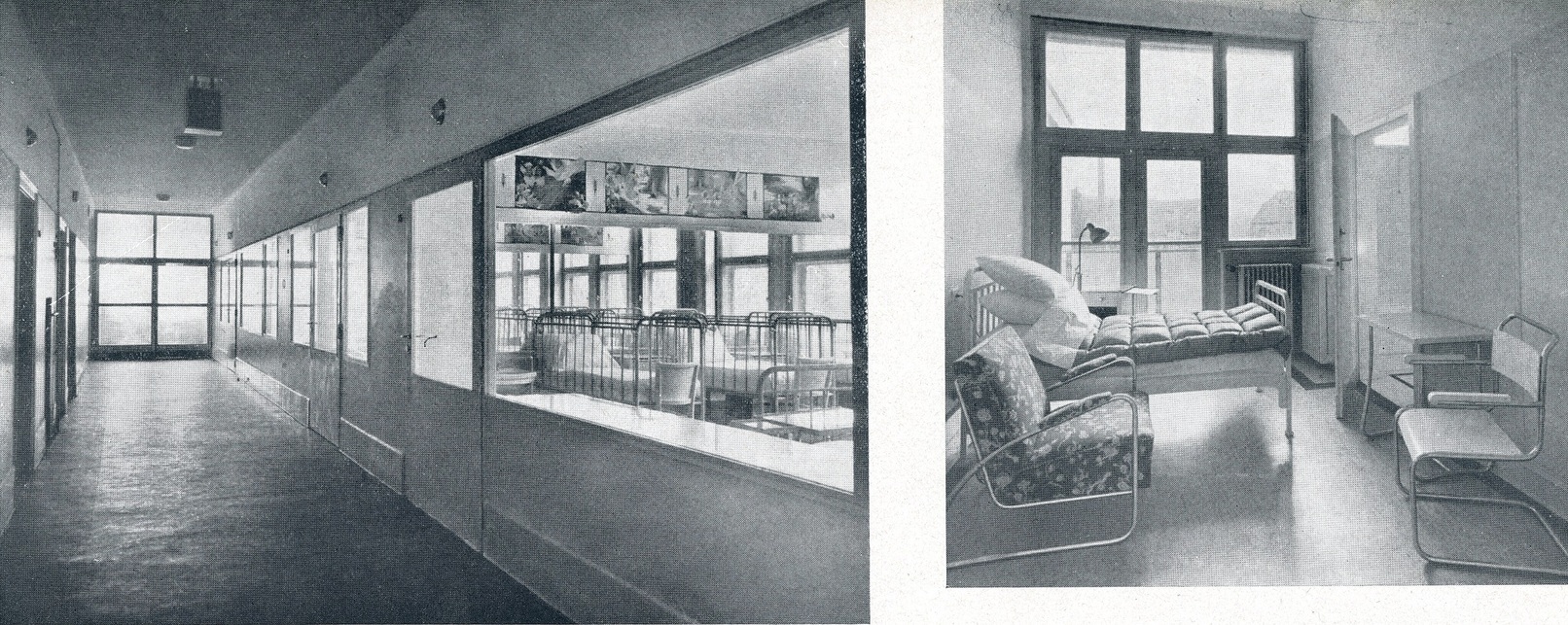 Balra: a csecsemőosztály folyosója. Az üvegfal mögött látszanak a kórteremben a gerendákra festett mesejelenetek; jobbra: egyágyas kórterem berendezése. (TF 1942/12) Fotó: Borsos Imre.