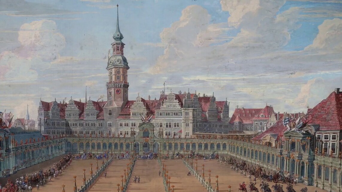 A palota a Zwinger mögött egy 1709-es festményen, Forrás: Ausschnitt aus einem Gemälde von C. H. Fritsche, Wikimedia Commons