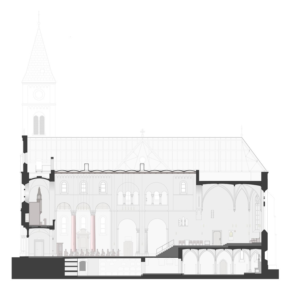  Északi hosszmetszet (További metszetek és alaprajzok a mellékletekben érhetőek el.), A veszprémi Szent Mihály Főszékesegyház felújítása, Építészet: Czita Építész Iroda