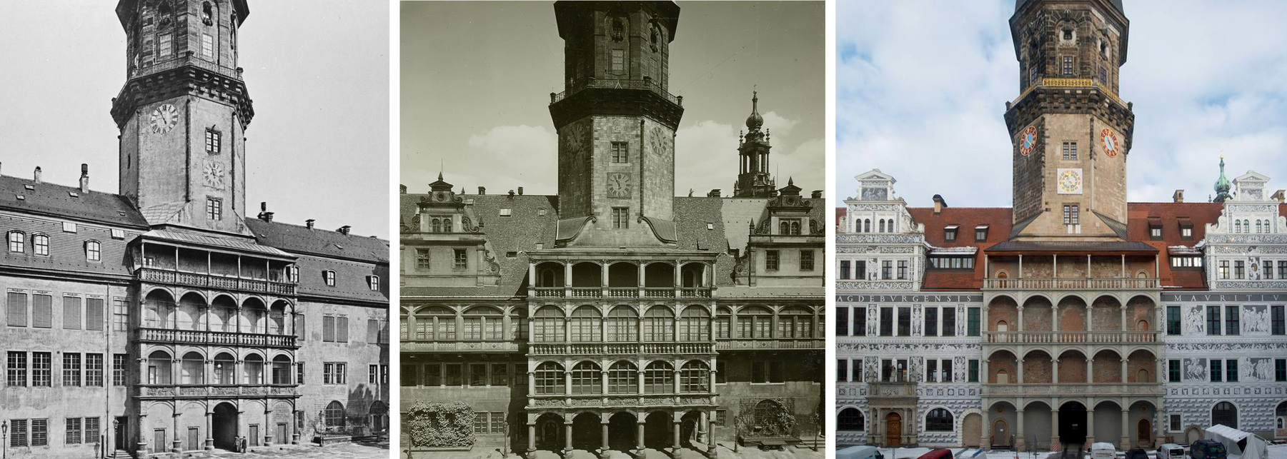 A Haussmann-torony két oldalán lévő homlokzatszakaszok még oromzatok nélkül (1887), az új neoreneszánsz oromzatokkal (1899), illetve a legutóbb rekonstruált 17. századi állapot (2017), Forrás: schloss-dd.mz.test.tu-dresden.de