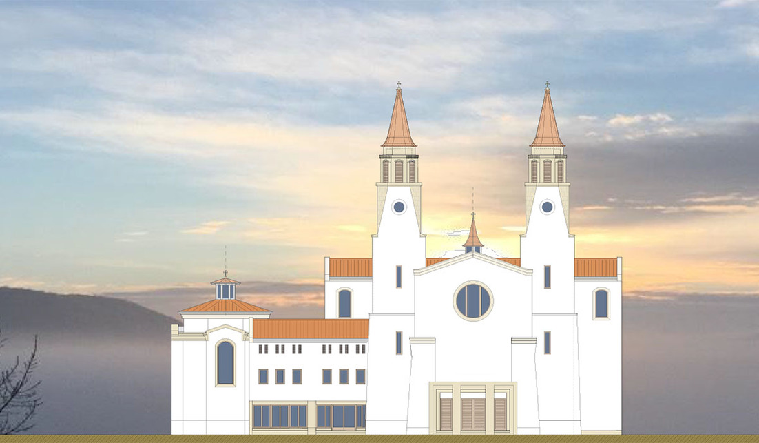 Az új templom főhomlokzata, Forrás: A Gödöllői Premontrei Apátság Facebook oldala, Tervezők: Arche-Accord Kft.