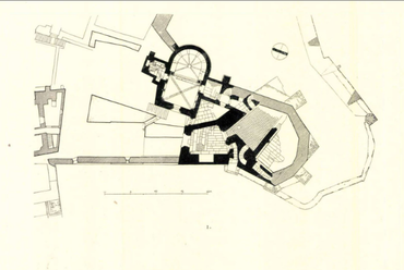A várhegy déli oldalán feltárt alaprajzok szintenként, 1938-ban., Kép forrása - Gerevich Tibor: Magyarország románkori emlékei, MOB, 1938.