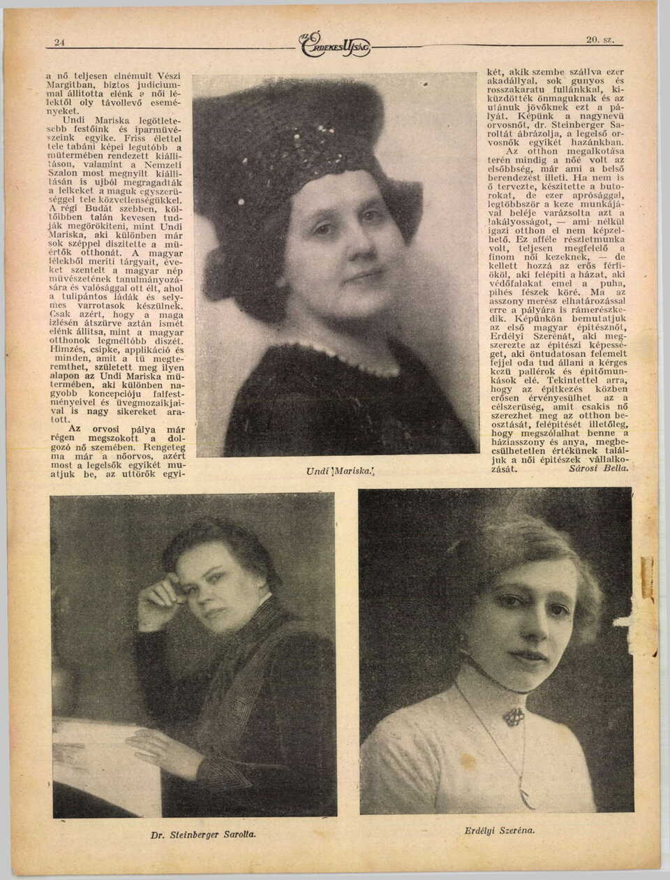Jobbra lent Erdélyi Szeréna, akit a cikk szövege „az első magyar építésznőként” említ. Az Érdekes Újság, 1918/20. Forrás: ADT Arcanum