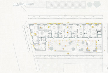 Cohousing, Budapest VIII.kerület – 1., 3.szint alaprajz M=1:100 – Terv: Balogh Eszter