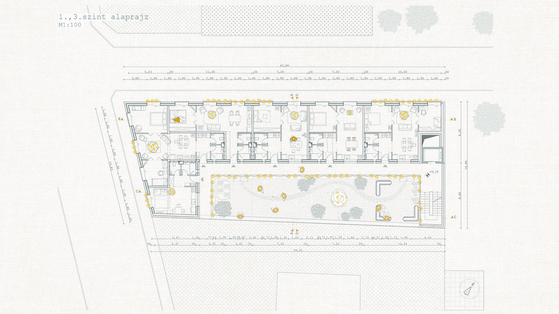 Cohousing, Budapest VIII.kerület – 1., 3.szint alaprajz M=1:100 – Terv: Balogh Eszter