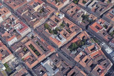 A pesti belváros városszövete felülnézetből. Fotó: Google Earth