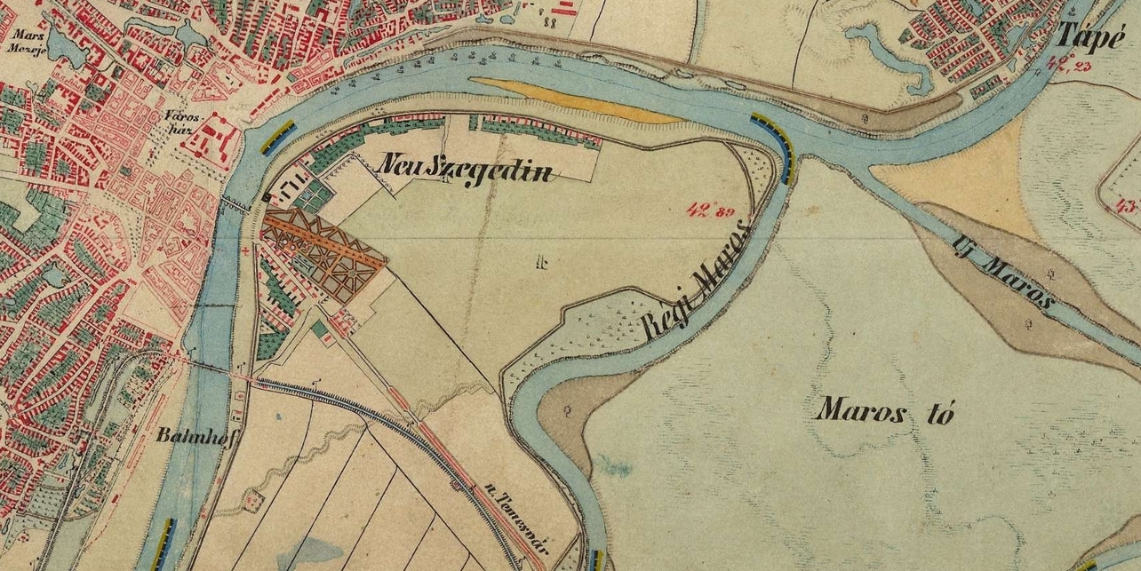 Újszeged egy 19. századi térképen. A mai Marostő városrész helyén ekkor a Maros tó volt. Fotó: Mapire
