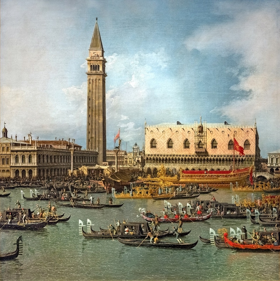 Canaletto: a Doge visszatérése az Adriai tenger eljegyzése után (1738 körül, Holkham Estate), háttérben a Campanile