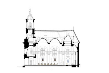 Veszprémi Építész Műhely: Veszprém, Piarista templom felújítása, hosszmetszet.
