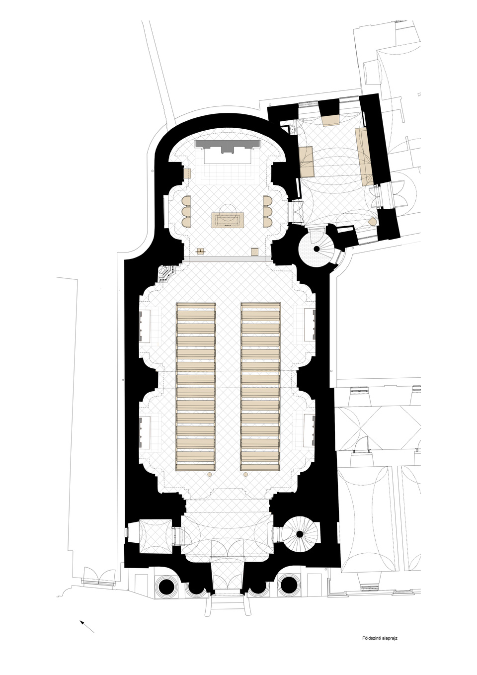 Veszprémi Építész Műhely: Veszprém, Piarista templom felújítása, földszinti alaprajz.
