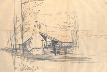Csaba eredeti rajza a templomról, 1959 körül. Itt még más a kerítés helyzete és a harangfal kialakítása is a megvalósulthoz képest.

