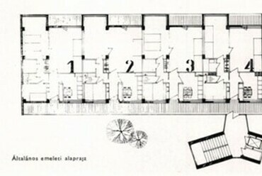 Általános emeleti alaprajz - Kísérleti lakóház a Villányi úton. Forrás: Az alaprajzok a Magyar Építőművészet 1962/1 -es számában megjelenő cikket illusztrálták
