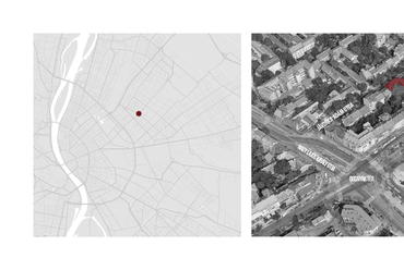 Az épület elhelyezkedése Pesten és a Bosnyák tér viszonylatában. Grafika, Kuklis Tibor, 2022
