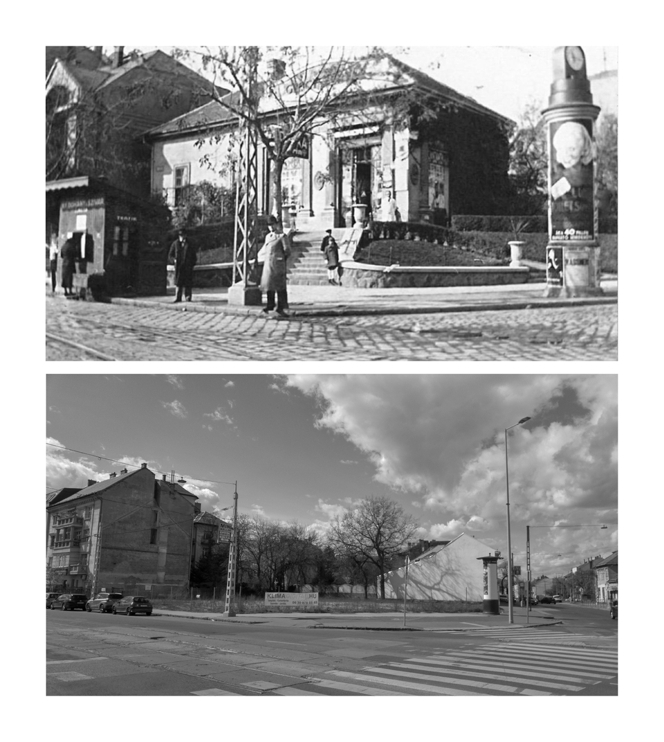 A három komoly történeti értékkel bíró épület a Bosnyák tér mellett, az 1930-as években és 2023-ban. Foto: Instagram, Kuklis Tibor
