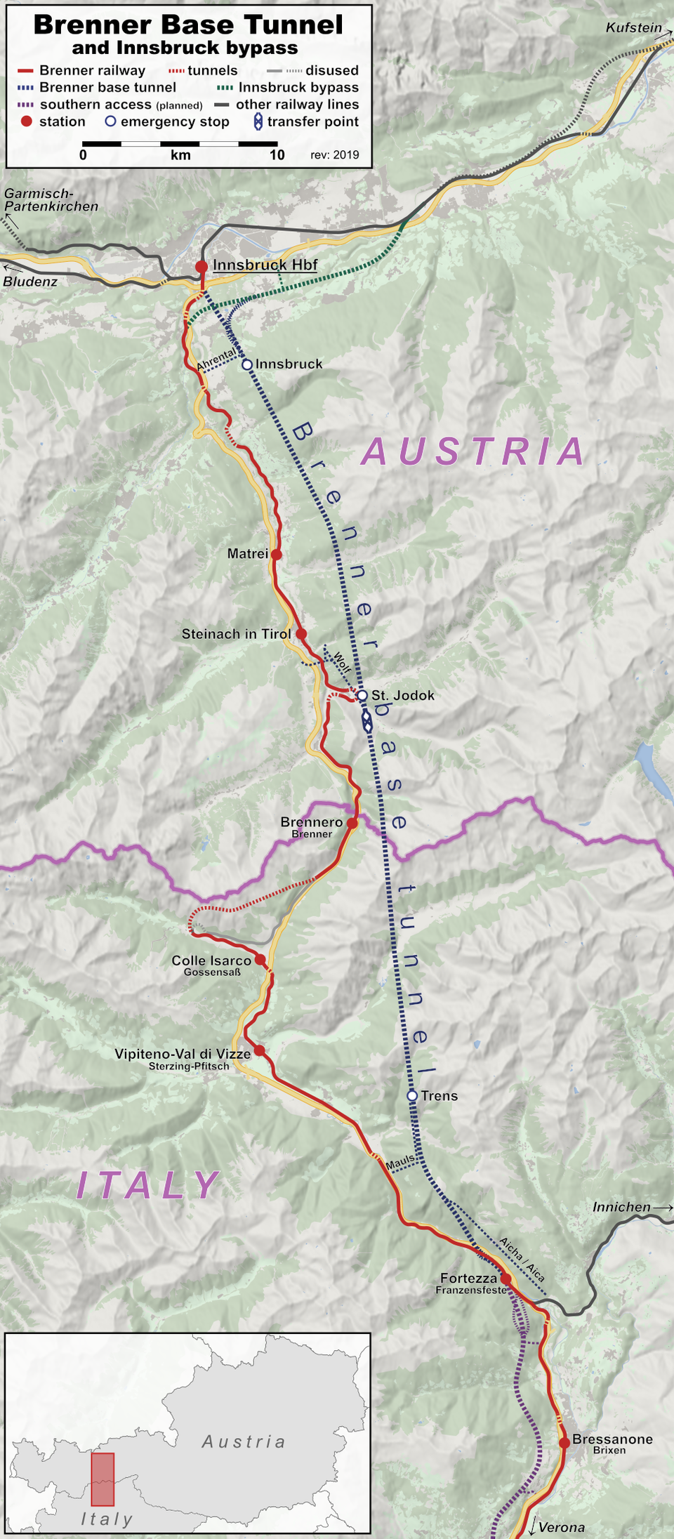 A Brenner bázisalagút tervezett vonala – forrás: WikiMedia Commons | Hbf878, OpenStreetMap contributors, Lencer
